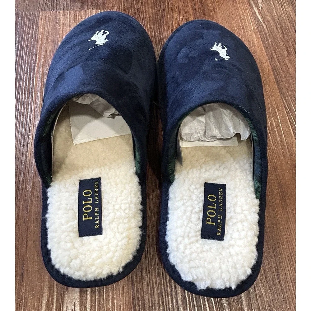 Polo Ralph Lauren Men's Klarence Scuff Slippers Navy, White Pony Sz 8 New In Box